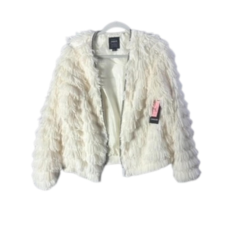 Cavalini Faux Fur Feathered Jacket White‎ NWT Size Small